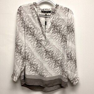Rose + Olive Ivory and Taupe V-Neck Long Sleeve Abstract Blouse - Size Small